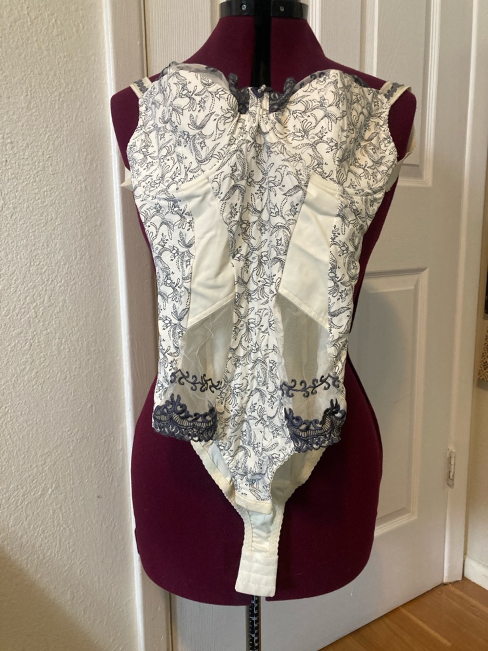 Ivory and Navy Floral Lace Bodysuit